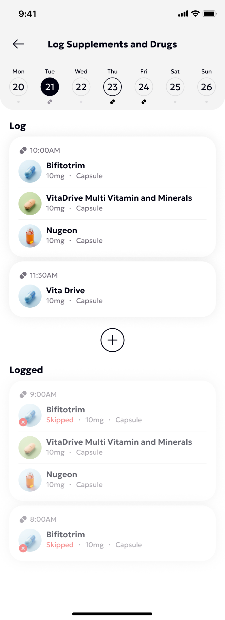Log supplements and drugs screen